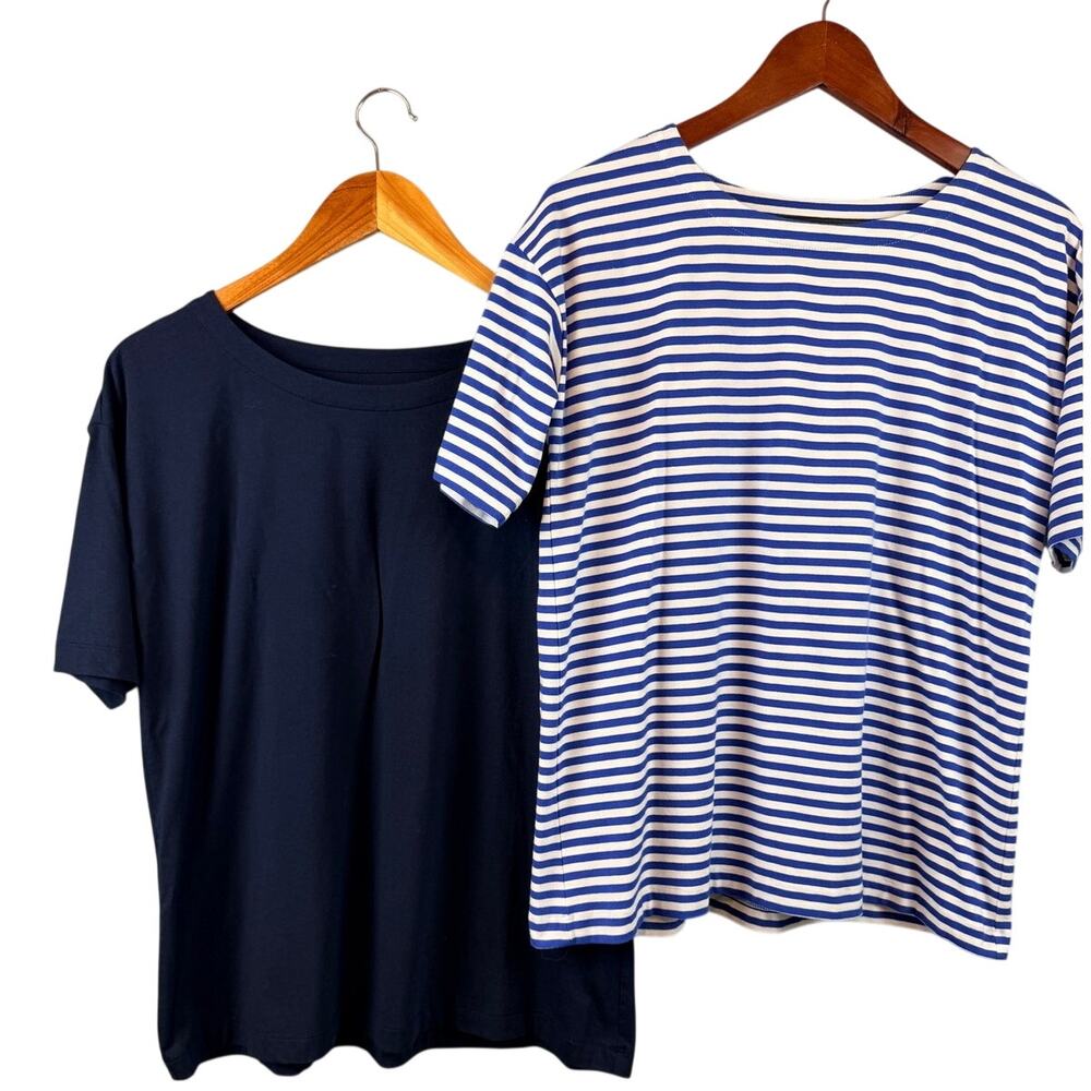 J.Jill Luxe Supima Cotton Elbow Sleeve Tee Set of 2 Striped Blue Solid Blue Sm.